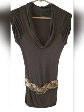 Gray Cowl Neck With Cap Sleeves Gray Top with Belt Size Small